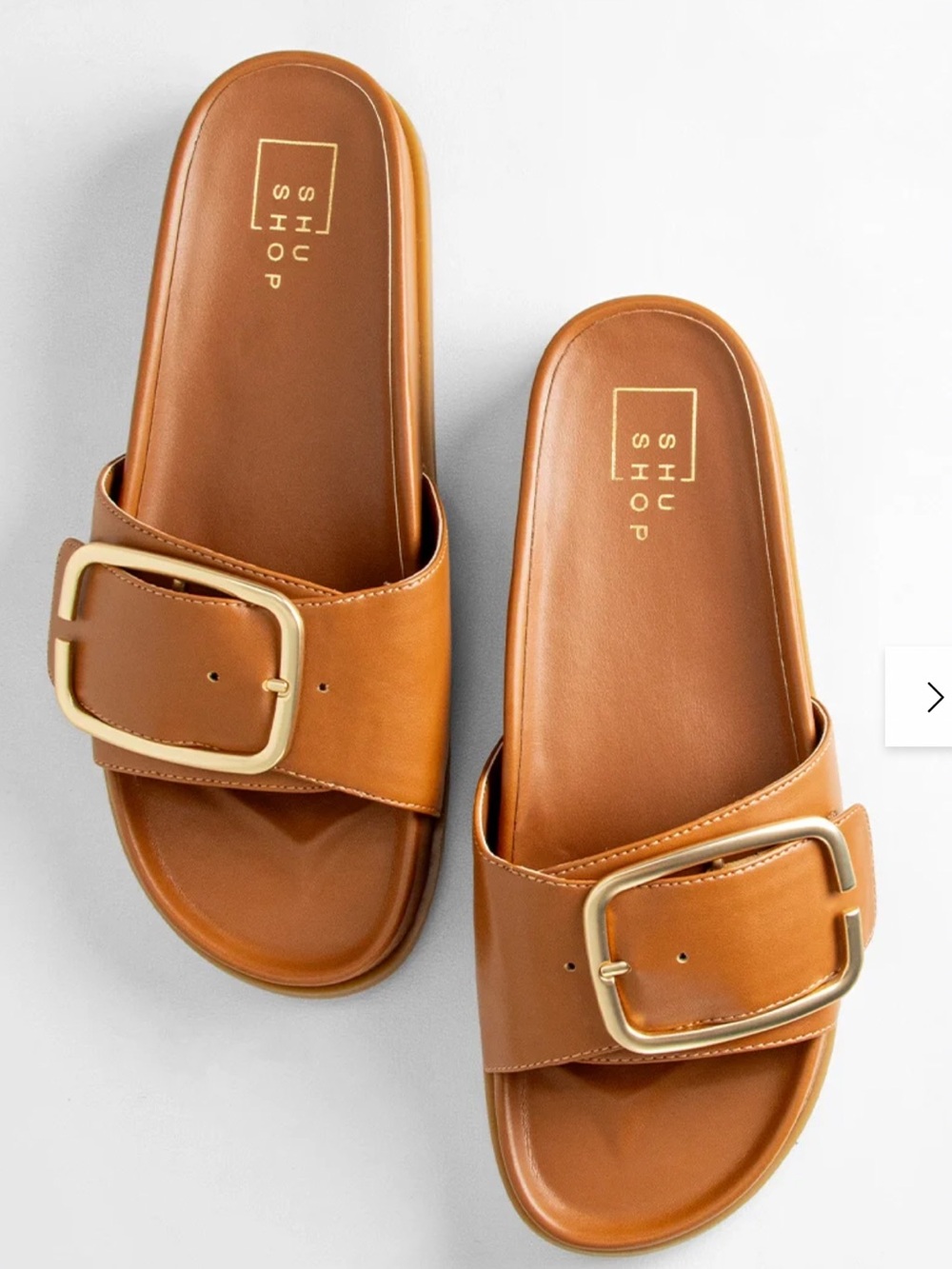 ShuShop Camel Slide Sandals with Gold Buckle